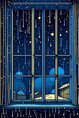 ventana de cerca viendo al cielo de noche con una lluvia de estrellas. caricatura