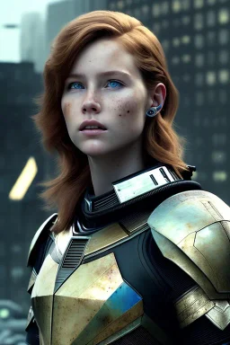 ultrarealistic, ruined city,__scifi armor__, __angles__, 18 year old woman, strikingly beautiful, ginger hair, _colour_, [__starlets__|__starlets__], (pale __skincolor__ skin:1.2), __camera__, _hair_, detailed face and eyes, medium breasts, leather choker, freckles, dynamic pose, resolved expression, __accessory__, strappy outfit, (straps:1.1), sword in scabard on left hip, (buckles, buttons, snaps, rings:1.0), haltertop style breastplate, detailed eyes, plump lips, sci-fi theme