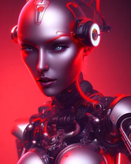 A beautiful portrait of a cyborg women red color scheme, high key lighting, volumetric light high details psychedelic background