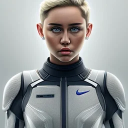 Miley Cyrus, star wars uniform, gray uniform, movie poster, heroic gaze, hair bun, wide angle lens, full torso, intricate, detailed, hand-painted, realistic, perspective from below