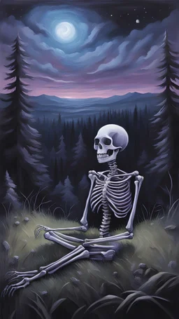 A oil painting of a skeleton sitting in the grass on the top of a hill, lookin into the night sky. A Forrest in the background. Painting. Purple colours. Blue colours. Night. Melancholic mood. Colorful.Pastel colours. Masterpiece.