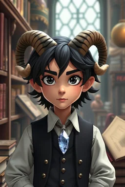 figura intera Stile Jeff simpson di un di un ragazzo dai occhi neri e capelli corvino di media lunghezza, vestito in maniera vittoriana, gestisce una libreria. Corna di muflone e un ciondolodi cristallo al collo.