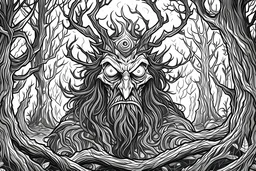 coloring page Forest Guardian Demon: A demon lurking in the depths of a dark forest, its eyes glowing with an otherworldly light as it protects its eerie domain. The gnarled trees and tangled vines create an unsettling atmosphere.