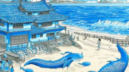 A blue mermaid themed resort on a beach painted by Katsushika Hokusai