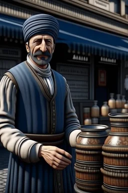 Turkish milk seller with he is Rajab Tayyip Erdogan and wearing runabout a turban in 1900 Ultra-wide angle Highly realistic precise details Detailed panoramic view Detailed distance Professional Quality 4K