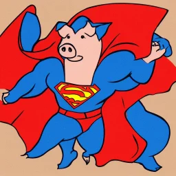 pig wearing a superman cape, illustration