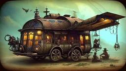 steampunk gipsy caravan crossed with a boat flying high over a jungle with platforms, verandas, and people, intricate