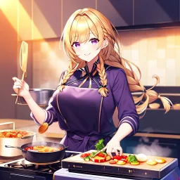 girl, masterpiece, best quality, volumetric lighting, detailed outfit, perfect eyes, golden hair, long hair, purple eyes, braided ponytail, smile, cooking, food,