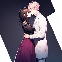 anime couple. couple is wearing black n white.couple standing with their backs towards each other.background is pink and blue.