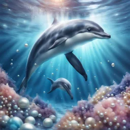 Hyper Realistic Cute Dolphin swimming under the ocean with pearls & crystals under water