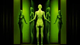 A person walking into a mirror, their body splintering into fractal shardsoutsider art, calotype combineted lime green and random color