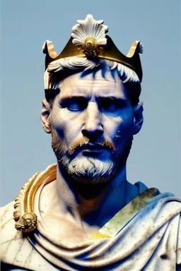 Realistic image, Roman sculpture made in white marble with gold veins, Lionel messi with gold halo crown, two blue brushes, decorative star on the chest, waist up portrait, marble material, gold ornaments, Baroque style, sun rays background, epic, celestial, cinematic lighting, God lights, 4k resolution, smooth details, soft lighting, unreal engine 5, art station, substance 3d.