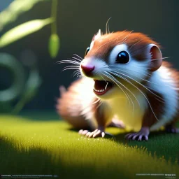 pixar style, volumetric garden environment and background, realistic painting of a cute midget stoat laying on the ground, looking excited, detailed digital painting, extreme dense and fine fur, anime, ornate, colour-washed colors, elegant, small minutiae, tiny features, particulars, centered, smooth, sharp focus, renderman gofur render, 8k, uhd, detailed eyes, realistic shaded volumetric lighting, sunlight caustics, backlight, centered camera view