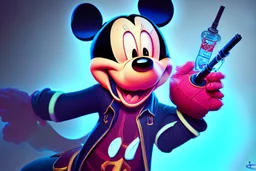 Mickey Mouse getting high with a hallucinating syringe of drugs.