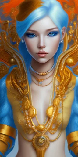 human kingfisher girl with blue hair and orange strand of hair wearing a blue winter coat and a gold necklace. kingfisher sitting on top of her head