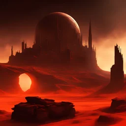 Citadel of the black, landscape, obsidian, black glass, basalt, dark desert, dust particles, night, black sky, stars, apocalyptic environment in cyberpunk style in red and orange