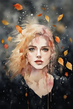 watercolor portrait of a woman, lush hair, rain, flowers, umbrella, autumn, paint blots, splashes, tears