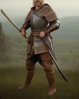 strong medieval men warrior with blond short hair, blue eyes and wide warm smile with an axe with green and brown clothes