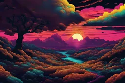 sunset, comic style, mythical 80s landscape, negative space, space quixotic dreams, temporal hallucination, psychedelic, mystical, intricate details, very bright neon colors and deepblack, 4K desktop, pointillism, very high contrast, chiaroscuro