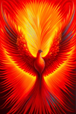 red and yellow phoenix center wings spread oil painting ultra high detail rays of fire from the center in all directions