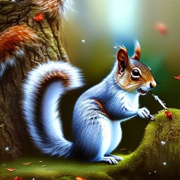 fantasy setting, squirrel, white, bleu eyes, ice, white