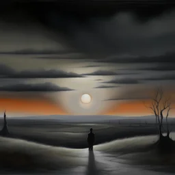 representa un paisaje melancolico con tonos oscuros, un atardecer con nubes grises y un sol que se aculta en el horizonte, incluye una figura abstracta que represente la partida o la despedida. basado en la cancion de gustavo cerati adios