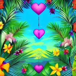  Tropical flowers, heart drawing, crystals, tropical leaves, Fantasy temple, Surreal landscape.