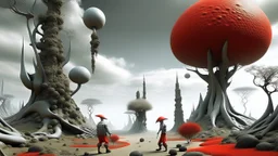 TREES AND ANTHROPOMORPHIC CREATURES IN A SURREAL ENVIRONMENT WITH THE GROUND RED AND GRAY ENVIRONMENTS IN THE SKY