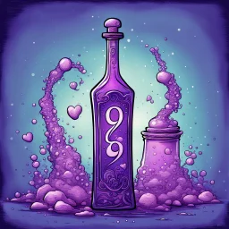 Cartoon illustration of love potion number 9 bottle sparkling, enchanted, fantasy illustration, highly detailed vintage story art style, purple tones, exaggerated, surreal