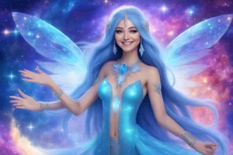 A beauty Fairy women with long blue straight hair. She has Crystal wings and sweety elegant smile.She Is a magic sacred dancer in cosmica ceremony..the background Is a magic coloured bright galaxy, with a stars. She Is so fine gentle and with grace