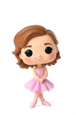 Funko figure of a very young female, smiling, medium wavy light brown hair, wearing a ballerina dress, pink dress, ballet, very cute, ballet pose,. typography, 3D render. White background
