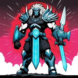 Head Lopper style by Andrew MacLean: a hybrid creature, half a man, a warrior of a futuristic planet where weapons are power blades. This creature stands tall, a fusion of man and machine, wielding gleaming power blades that crackle with energy. His eyes are cold, his movements precise. The futuristic world around him pulses with neon lights and advanced technology, a stark contrast to his primal, half-human form. As he prepares for battle, the air hums with anticipation, knowing that only one o