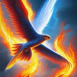 a phoenix whose one wing is made of water and the other of fire, one fiery wing and one watery, phoenix bird, realistic, intricately detailed