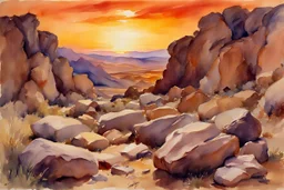 Sunset, rocks, mountains, rocky land, epic, john singer sargent watercolor paintings