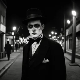 very grainy discolored modern photo, closeup portrait, dark night street with no lights, grunge, male with chalk-white skin wearing a 1910's costume, elegant, knowlegeable