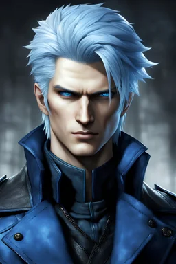 a portrait of vergil from devil may cry, with blue eyes, blue hair and wearing a blue trench coat