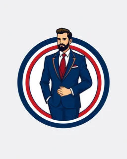 A circular logo with a vector of a groom in a suit at the top of the logo in a blue, red, white and gold color theme.