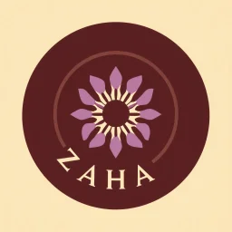 A circle logo with the name (ZAHA) for a cafe with a symbol of the sun and the color purple