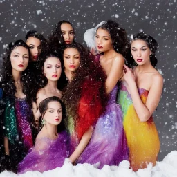 high resolution color photography with a 5 0 mm f / 2 2 lens of a group of beautiful young mixed race models in a snow storm, wearing elegant dresses, colorful glitter makeup, colorful hair, fine art photography, soft focus, steven meisel, 90s fashion photography, fashion photography, hugo comte, Kodak portra 4 0 0, 8 k, soft light, volumetric lighting, highly detailed