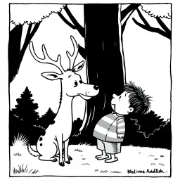 Gary Larson illustration of a quirky deer talking to a fat kid, cartoon cell, black and white