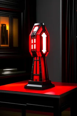 gaming table lamp inspired by avengers stark tower buliding architecture futuristic-modern stlye. geometric form, red and black color scheme