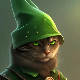 Black warrior cat character, wearing green clothes and green hat, similar to Link from Legend Of Zelda, standing on the edge of a steep cliff, heroic, atmospheric