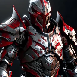 silver and crimson spartan armor with glowing red eyes, and a ghostly red flowing cape, crimson trim flows throughout the armor, the helmet is fully covering the face, black and red spikes erupt from the shoulder pads, crimson hair coming out the helmet, spikes erupting from the shoulder pads and gauntlets