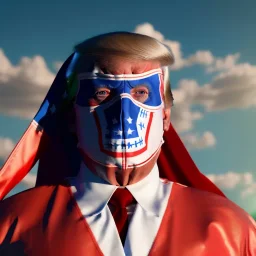 realistic image of donald trump as a mexican wrestling fighter posing outdoors, Mexican eyes wrestling mask, red and blue breeches, confederate flag cape, retro style, 80s, vibrant color, highly detailed, sky background, concept art, unreal engine 5, god rays, ray tracing, RTX, lumen lighting, ultra detail, volumetric lighting, 3d, finely drawn, high definition, high resolution.