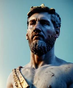 Ultra Realistic image, roman sculpture, marble deluxe material, Lionel Messi, gold sun crown, miguel angel style, chisel style, emperador, waist up portrait, cinematic lighting, God light, god rays, 4k resolution, smooth details, ornate details, soft lighting, unreal engine 5, sky background.