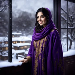 Hyper Realistic Photographic View Of A Gorgeous Pashto Young Woman (Wearing Long Purple Coat, Black Dress With Golden Embroidery & Wearing Purple Scarf On Her Neck) Alone Happily Standing & Smiling In Her Office Room With Her Beautiful Long Black Hair, With A Little Garden View From Outside Window At Dark Night With Heavy Snowfall View From A Fancy Window At Her Back Showing Dramatic & Cinematic Ambiance.