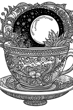 Outline art for coloring page, TEACUP SET WITH CLEAR MOON IN THE BACKGROUND, coloring page, white background, Sketch style, only use outline, clean line art, white background, no shadows, no shading, no color, clear