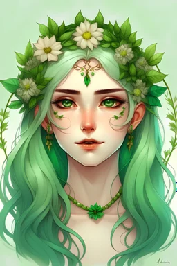 beautiful elven women with green eyes, green hair, and a flower crown