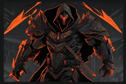 Warrior, solo leveling artstyle, black custom, Reaper them, neon orange details, machete, full body, apocalypse, intricate details, highly detailed, high details, detailed portrait, masterpiece,ultra detailed,best quality