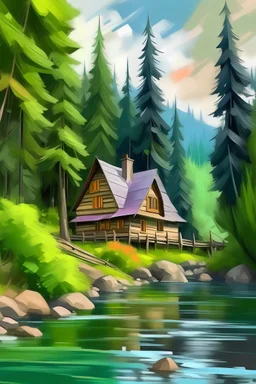 A-FRAME CABIN NESTLED IN CEDAR TREES BESIDE A CLEAR SLOW MOVING RIVER, POST IMPRESSIONIST